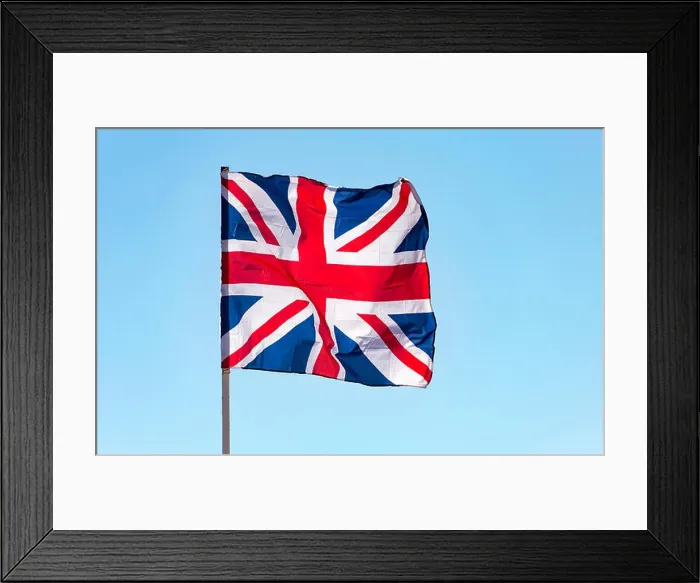 Framed Print : London, Great Britain flag waving against blue sky, the British flag Framed Print : London, Great Britain flag waving against blue sky, the British flag