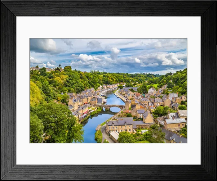 Framed Print : Aerial view of the historic town of Dinan with Rance river with dramatic cloudscape Framed Print : Aerial view of the historic town of Dinan with Rance river with dramatic cloudscape