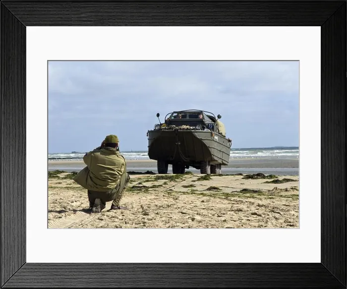 Framed Print : Historical reenactors drive World War Two era American amphibious vehicles on Utah Beach, Normandy, France Framed Print : Historical reenactors drive World War Two era American amphibious vehicles on Utah Beach, Normandy, France