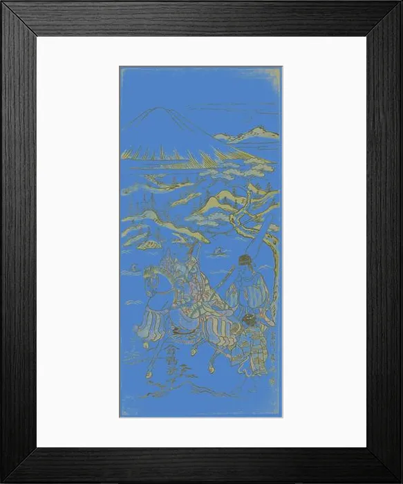 Framed Print : A warrior on horseback rides through a serene landscape dotted with mountains and trees Framed Print : A warrior on horseback rides through a serene landscape dotted with mountains and trees