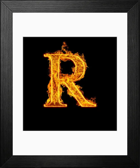 Framed Print : Fire alphabet letter R isolated on black background