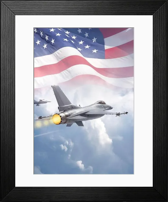 Framed Print : F-16 Fighting Falcon military jets (models) fly through clouds with American flag Framed Print : F-16 Fighting Falcon military jets (models) fly through clouds with American flag
