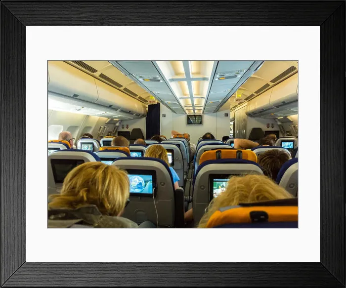Framed Print : Inside Views, Passengers sitting in Lufthansa, Airbus 340 Airplane, contemporary interiors Framed Print : Inside Views, Passengers sitting in Lufthansa, Airbus 340 Airplane, contemporary interiors