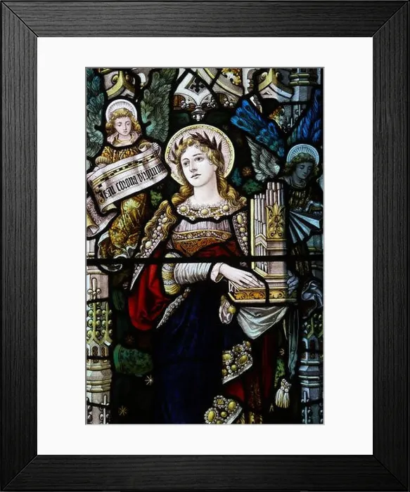 Framed Print : Stained glass window by Percy Bacon & Brothers depicting Saint Cecilia, St Mary's Church, Stannington, Northumberland Framed Print : Stained glass window by Percy Bacon & Brothers depicting Saint Cecilia, St Mary's Church, Stannington, Northumberland