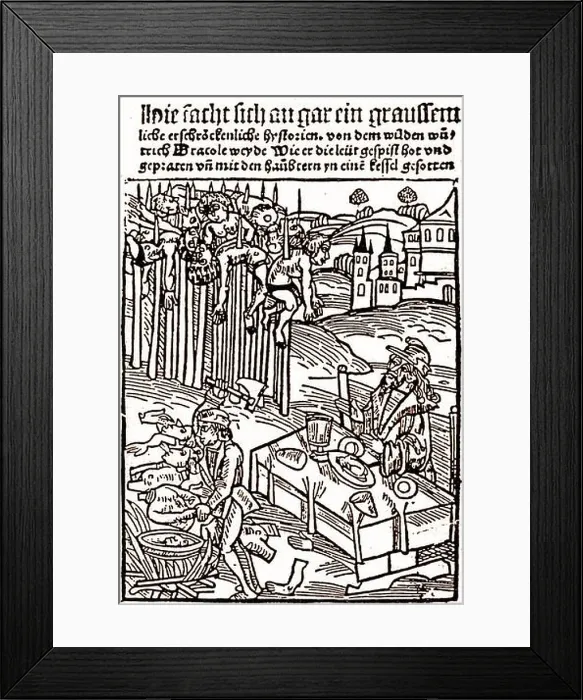 Framed Print : Woodcut of Vlad III, c. 1560, reputedly a copy of an original made during his lifetime Framed Print : Woodcut of Vlad III, c. 1560, reputedly a copy of an original made during his lifetime