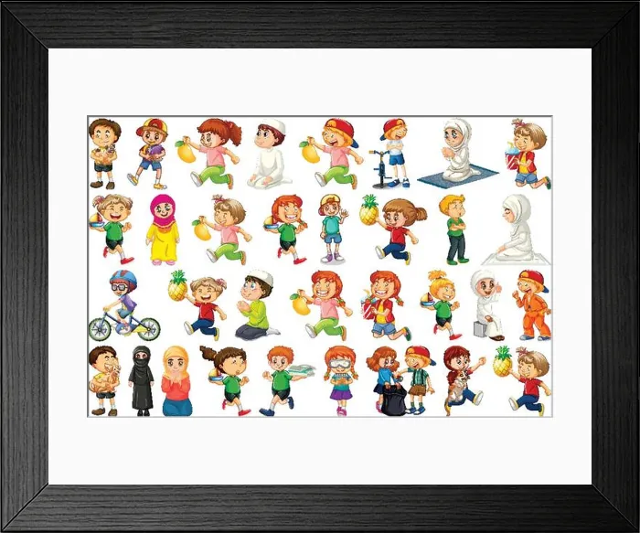 Framed Print : Children doing different activities cartoon character set on white background illustration