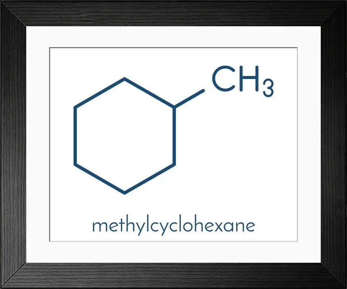Framed Print : Methylcyclohexane solvent molecule. Skeletal formula Framed Print : Methylcyclohexane solvent molecule. Skeletal formula