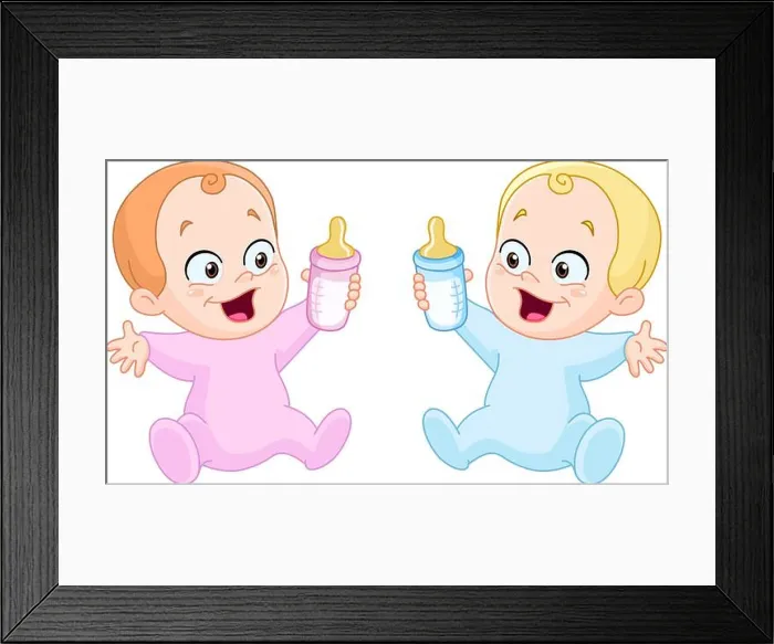 Framed Print : Happy baby girl and baby boy holding bottles Framed Print : Happy baby girl and baby boy holding bottles