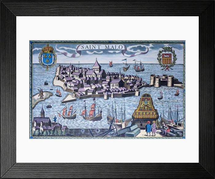 Framed Print : Saint Malo, Brittany, France. Engraving and Plan of the Port as it Appeared during the c12th Framed Print : Saint Malo, Brittany, France. Engraving and Plan of the Port as it Appeared during the c12th