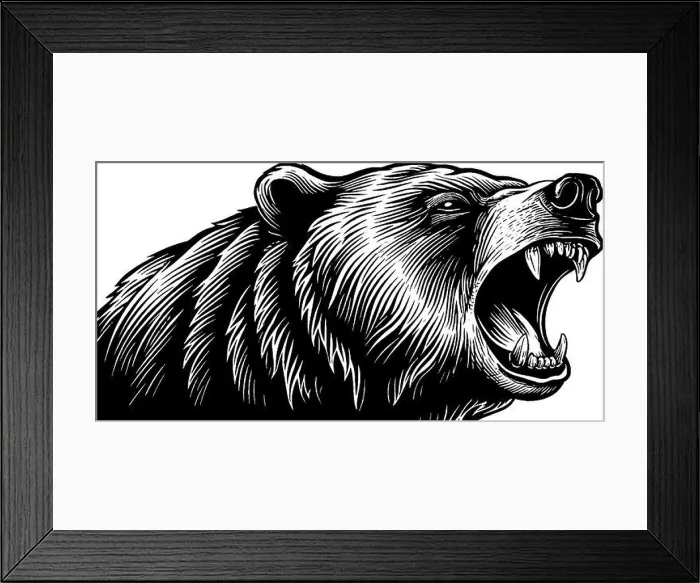 Framed Print : Roaring bear head black and white woodcut engraving for wildlife art design Framed Print : Roaring bear head black and white woodcut engraving for wildlife art design
