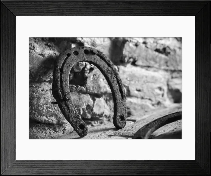 Framed Print : Old rusted horseshoe stands near brick wall, close up photo with selective focus Framed Print : Old rusted horseshoe stands near brick wall, close up photo with selective focus