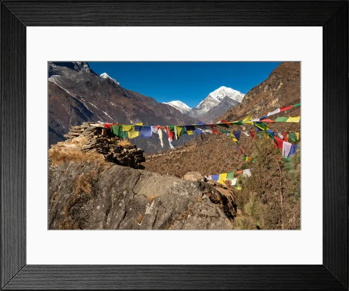 Framed Print : Nepal, Namche Bazar, prayer flags flying from rough rocky chorten, Kongde Ri and Pachermo peak behind Framed Print : Nepal, Namche Bazar, prayer flags flying from rough rocky chorten, Kongde Ri and Pachermo peak behind