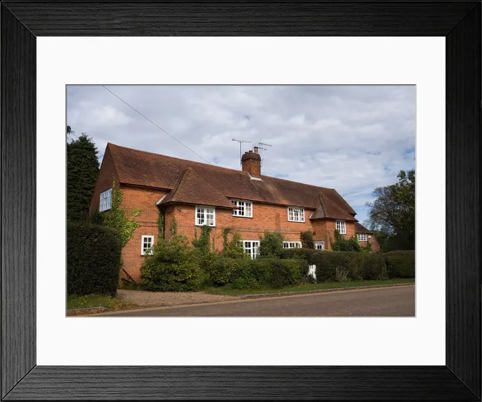 Framed Print : traditional red brick built semi detached houses in the Quaker village of Jordans Buckinghamshire UK