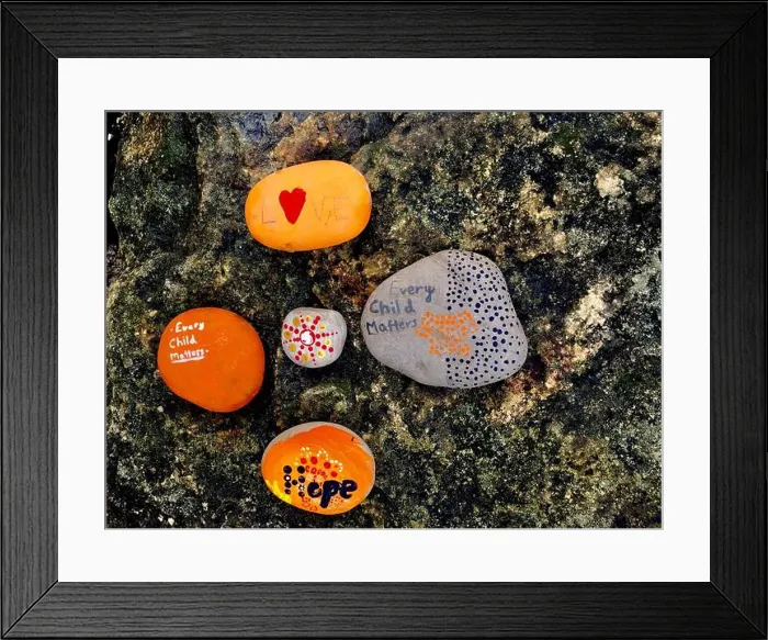 Framed Print : Message of hope and love painted on the stones: Every child matters Framed Print : Message of hope and love painted on the stones: Every child matters