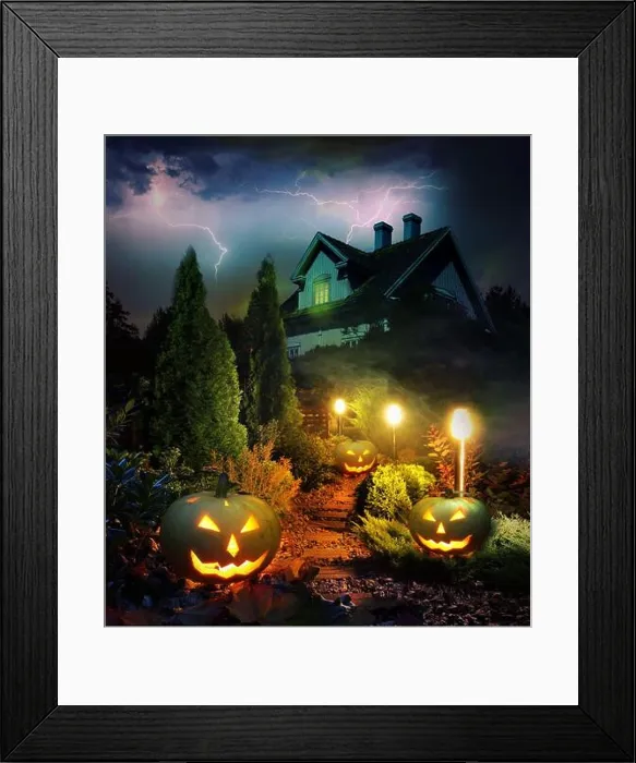 Framed Print : Thunderstorm on Halloween evening, pumpkin lanterns pathway throug mystery garden to scary haunted house Framed Print : Thunderstorm on Halloween evening, pumpkin lanterns pathway throug mystery garden to scary haunted house