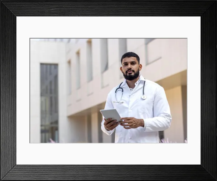 Framed Print : Portrait of a serious young male doctor standing with a tablet in his hands near the clinic Framed Print : Portrait of a serious young male doctor standing with a tablet in his hands near the clinic