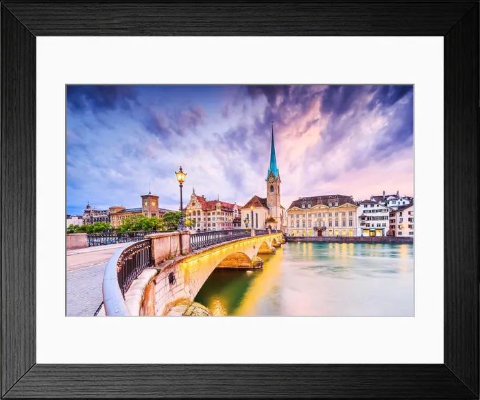 Framed Print : Zurich, Switzerland. View of the historic city center with famous Fraumunster Church, on the Limmat river Framed Print : Zurich, Switzerland. View of the historic city center with famous Fraumunster Church, on the Limmat river