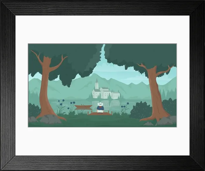 Framed Print : Forest, island, wooden lake pier landscape vector illustration Framed Print : Forest, island, wooden lake pier landscape vector illustration