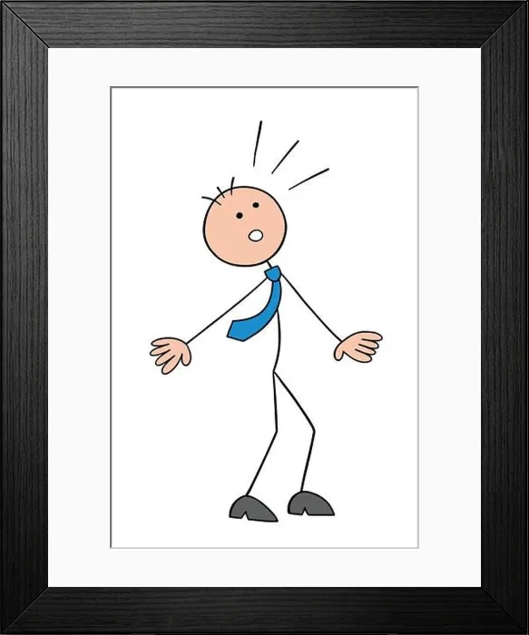 Framed Print : Stickman businessman character looking up and surprised, vector cartoon illustration. Black outlined and colored Framed Print : Stickman businessman character looking up and surprised, vector cartoon illustration. Black outlined and colored