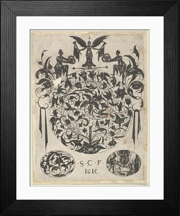 Framed Print : Blackwork Print with a Roundel with Tendrils and Birds Above Two Ovals Framed Print : Blackwork Print with a Roundel with Tendrils and Birds Above Two Ovals