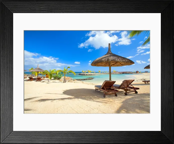 Framed Print : Beach scene with straw parasols, Mauritius Framed Print : Beach scene with straw parasols, Mauritius