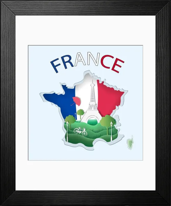 Framed Print : Abstract of paper art carve to Eiffel tower with blue and red background look like France map and flag Framed Print : Abstract of paper art carve to Eiffel tower with blue and red background look like France map and flag