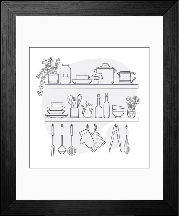 Framed Print : Kitchen supplies on shelves. Two shelves and hangers with plates Framed Print : Kitchen supplies on shelves. Two shelves and hangers with plates
