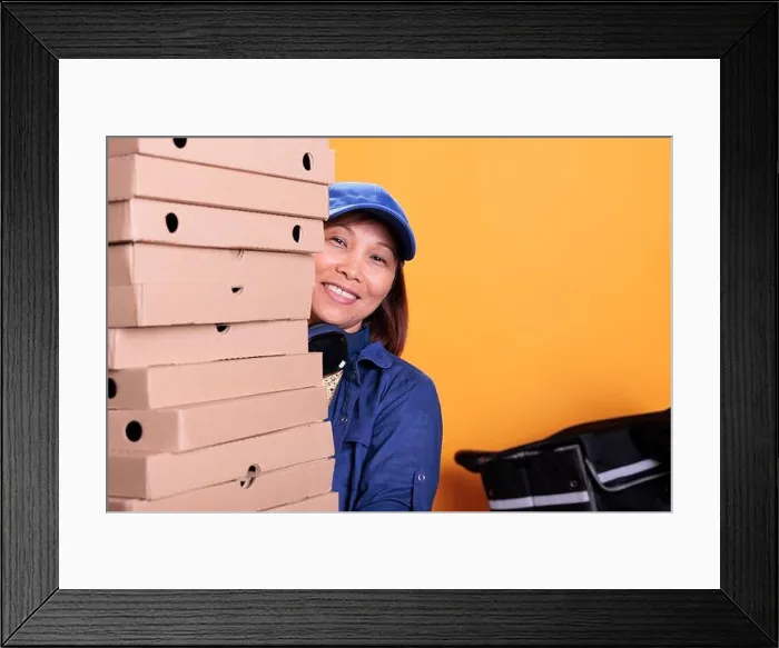 Framed Print : Portrait of asian elderly delivery worker holding pizza boxes Framed Print : Portrait of asian elderly delivery worker holding pizza boxes