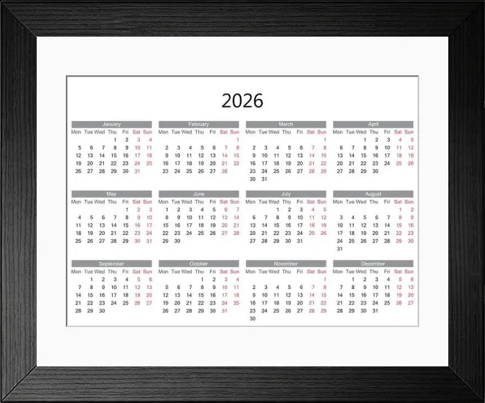 Framed Print : Simple 2026 Calendar Display Featuring Months and Days in Modern Layout Framed Print : Simple 2026 Calendar Display Featuring Months and Days in Modern Layout