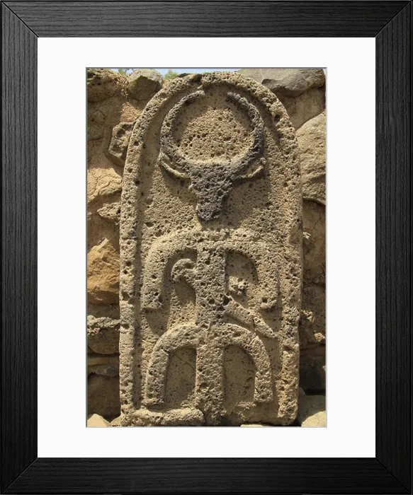 Framed Print : Israel, Sea of Galilee, a Stele showing a God with bull's head on Bamah at the city gate of ancient Bethsaida, Iron Age Framed Print : Israel, Sea of Galilee, a Stele showing a God with bull's head on Bamah at the city gate of ancient Bethsaida, Iron Age