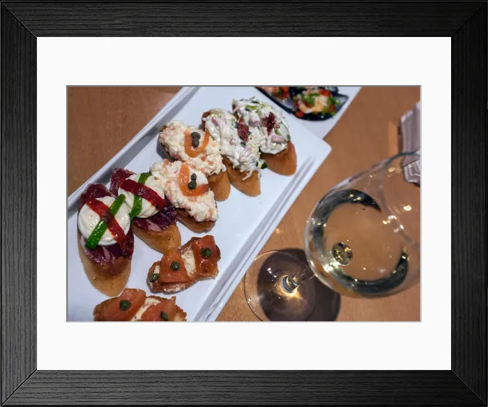Framed Print : White wine with tapas in Bar Toloño, tapas and pinchos in Vitoria, Basque Country, Spain Framed Print : White wine with tapas in Bar Toloño, tapas and pinchos in Vitoria, Basque Country, Spain
