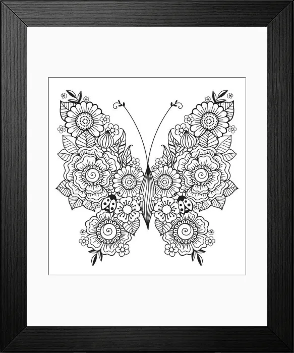 Framed Print : Vector coloring book page for adults. Black and white illustration of a beautiful butterfly from flowers Framed Print : Vector coloring book page for adults. Black and white illustration of a beautiful butterfly from flowers