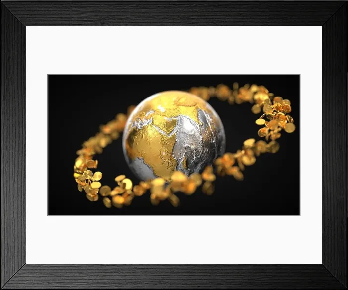Framed Print : finance concept with gold coins around metallic earth globe. 3d illustration Framed Print : finance concept with gold coins around metallic earth globe. 3d illustration