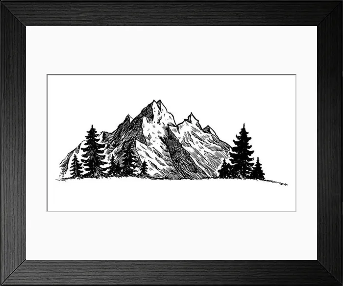 Framed Print : Mountain with pine trees and landscape black on white background Framed Print : Mountain with pine trees and landscape black on white background