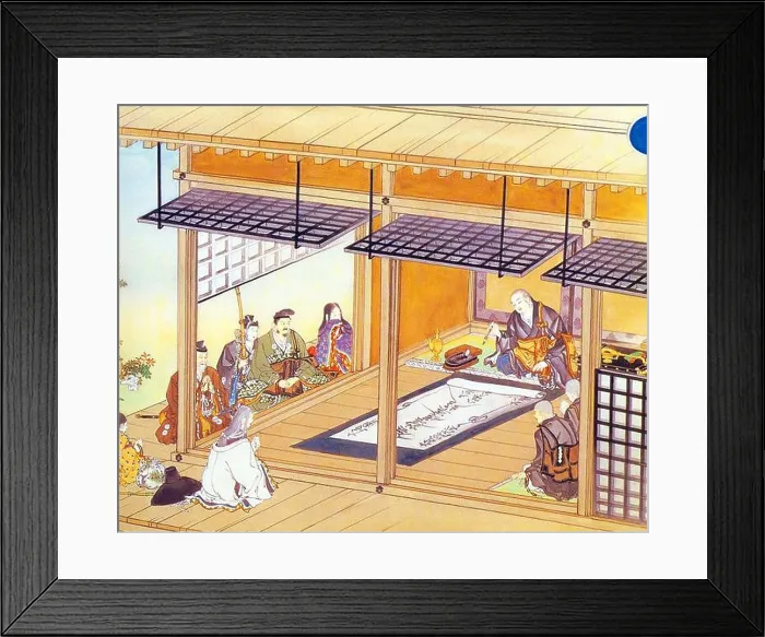Framed Print : Japan: Nichiren (16 February 1222 - 13 October 1282) inscribes the Dai-Gohonzon observed by acolytes Framed Print : Japan: Nichiren (16 February 1222 - 13 October 1282) inscribes the Dai-Gohonzon observed by acolytes