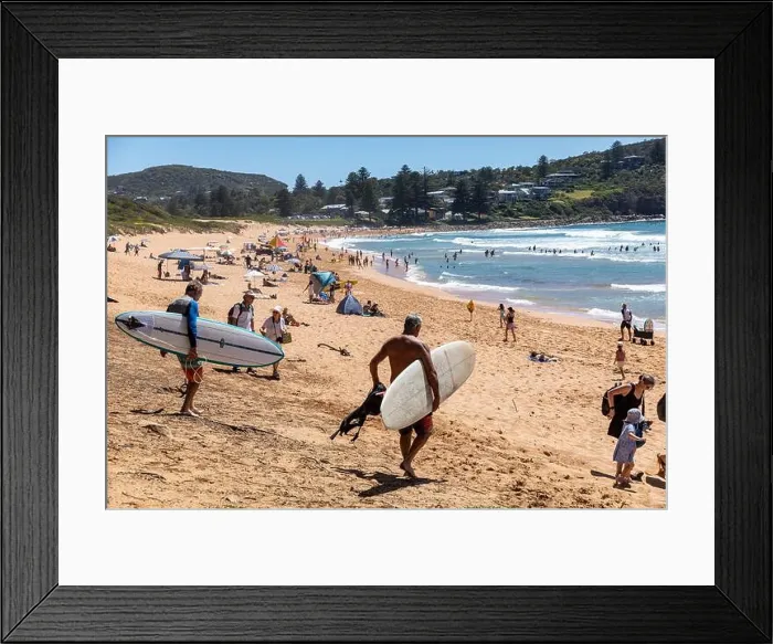 Framed Print : Two elderly middle aged grey haired men carry their surfboards to the ocean at Avalon Beach, Sydney, Australia Framed Print : Two elderly middle aged grey haired men carry their surfboards to the ocean at Avalon Beach, Sydney, Australia