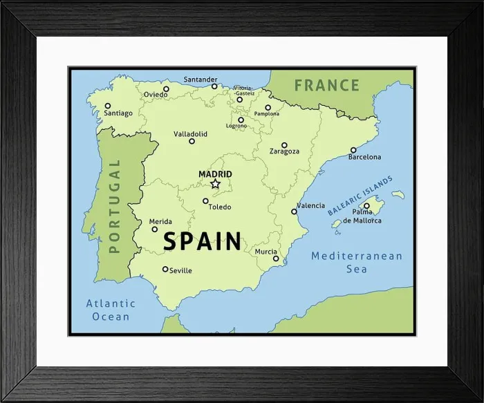 Framed Print : Map of Spain. Outline illustration country map with main cities in autonomous communities Framed Print : Map of Spain. Outline illustration country map with main cities in autonomous communities