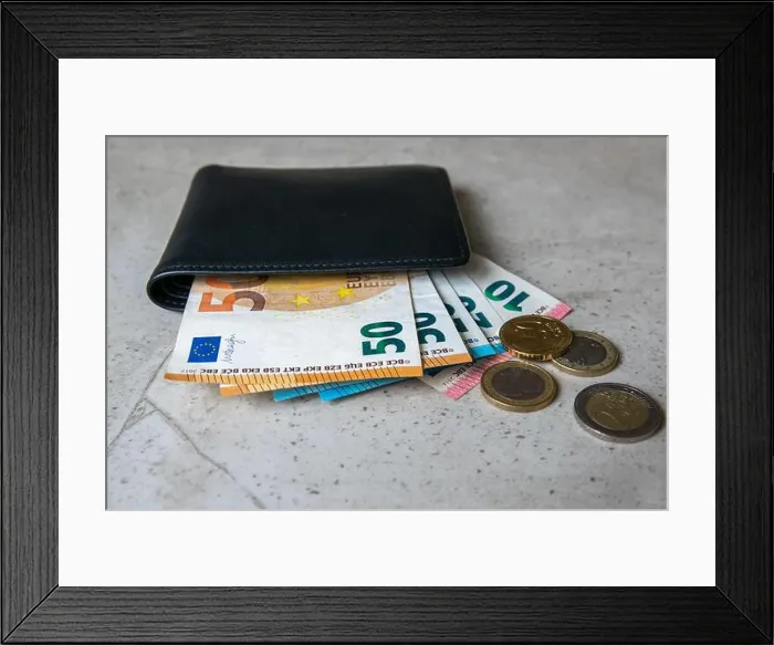 Framed Print : Black partmone with european money. Coins and bills in leather wallet for commerce concept Framed Print : Black partmone with european money. Coins and bills in leather wallet for commerce concept