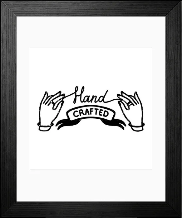 Framed Print : Hand crafted icon or logo. Vintage stamp icon with a handcrafted inscription on ribbon and hands Framed Print : Hand crafted icon or logo. Vintage stamp icon with a handcrafted inscription on ribbon and hands
