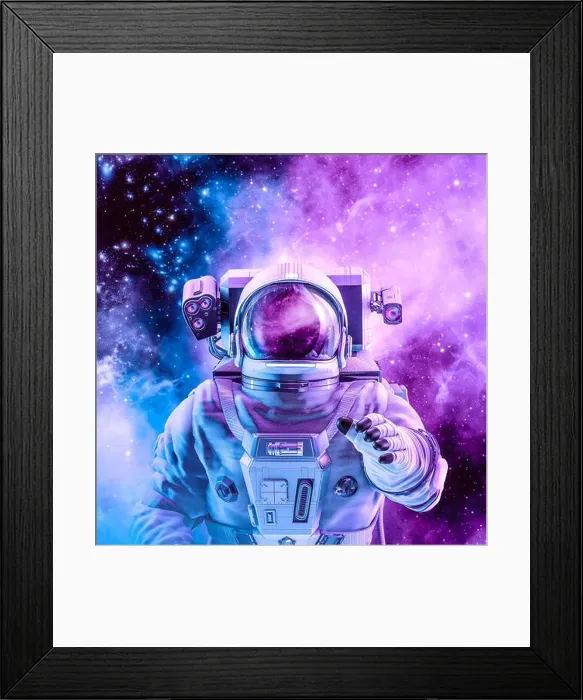 Framed Print : Peaceful galaxy astronaut - 3D illustration of man in space suit inside softly glowing pink and blue galactic cloud Framed Print : Peaceful galaxy astronaut - 3D illustration of man in space suit inside softly glowing pink and blue galactic cloud