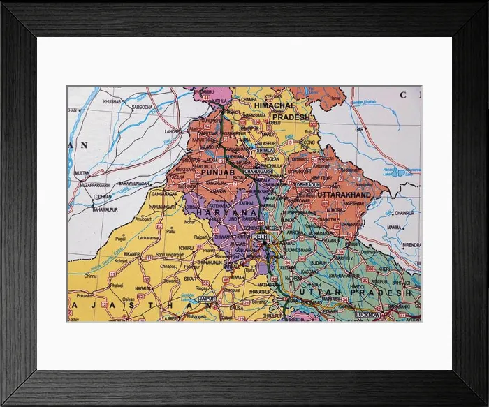 Framed Print : north india map with state borders, delhi, punjab, haryana in close up Framed Print : north india map with state borders, delhi, punjab, haryana in close up