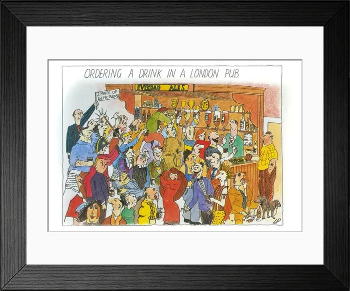 Framed Print : Ordering a drink in a London pub. 1980's amusing funny London postcard by Chris Parker Framed Print : Ordering a drink in a London pub. 1980's amusing funny London postcard by Chris Parker