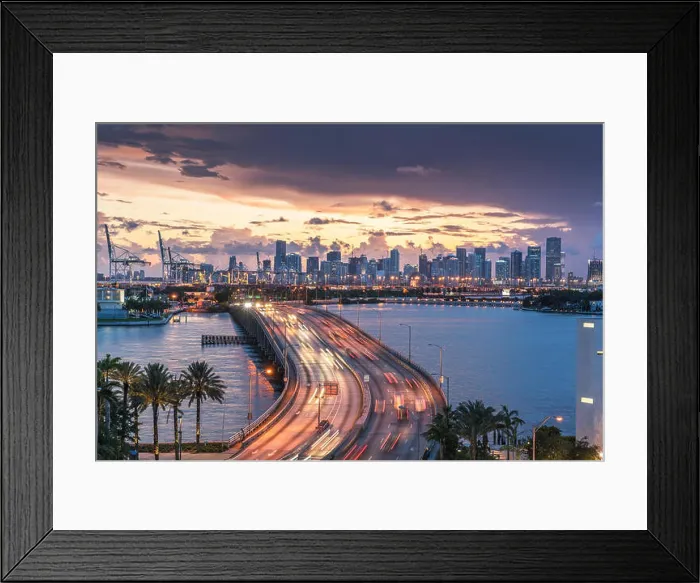 Framed Print : Miami skyline at dusk, traffic on MacArthur causeway, Florida, USA