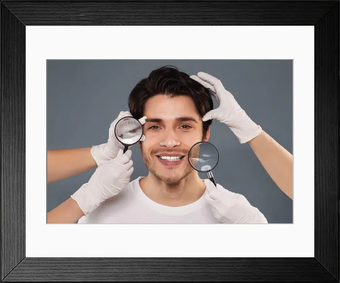 Framed Print : Beauticians examining young handsome man face through magnifiers Framed Print : Beauticians examining young handsome man face through magnifiers