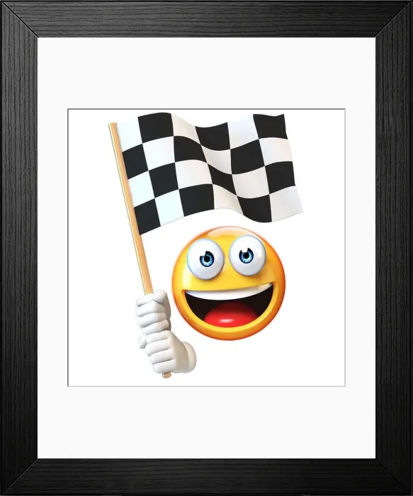Framed Print : Emoji holding finish flag, emoticon waving black and white checker flag 3d rendering Framed Print : Emoji holding finish flag, emoticon waving black and white checker flag 3d rendering
