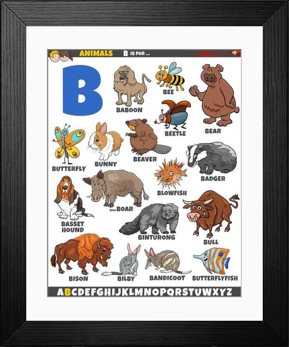 Framed Print : Cartoon illustration of animal characters set for letter B Framed Print : Cartoon illustration of animal characters set for letter B
