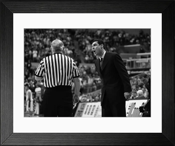 Framed Print : Villanova coach Jay Wright yells at a referee as Villanova Played UCONN in Connecticut EDITORIAL USE ONLY