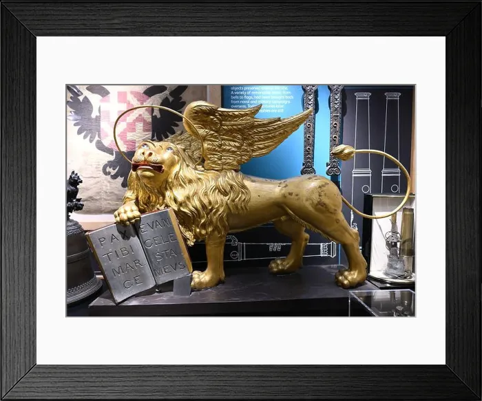 Framed Print : Gilded statue of a winged lion with a halo representing St Mark the Evangelist Framed Print : Gilded statue of a winged lion with a halo representing St Mark the Evangelist