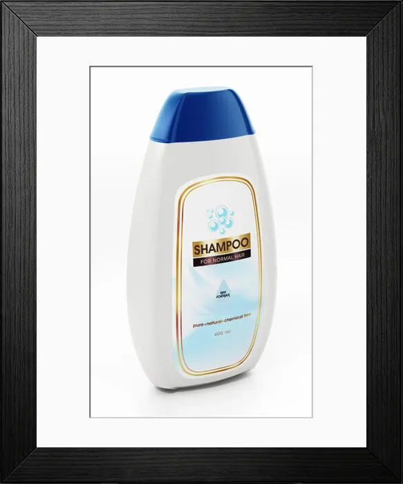 Framed Print : Generic shampoo bottle and label design isolated on white background. 3D illustration Framed Print : Generic shampoo bottle and label design isolated on white background. 3D illustration