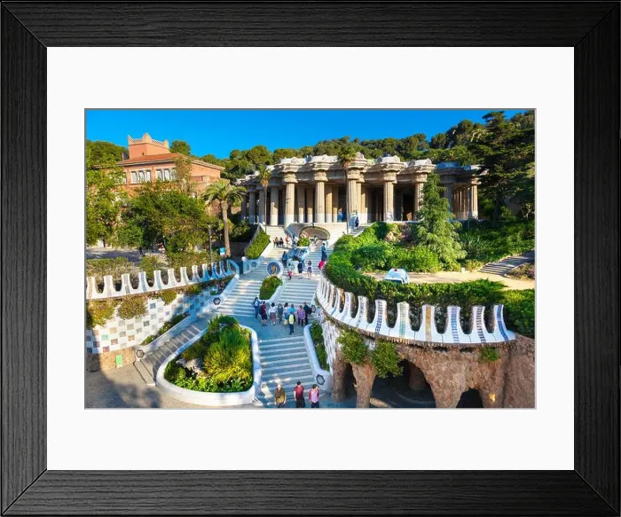 Framed Print : View of Escalinata monumental (Monumental Stairway) and the Hypostyle, Park Güell in Barcelona, Spain Framed Print : View of Escalinata monumental (Monumental Stairway) and the Hypostyle, Park Güell in Barcelona, Spain